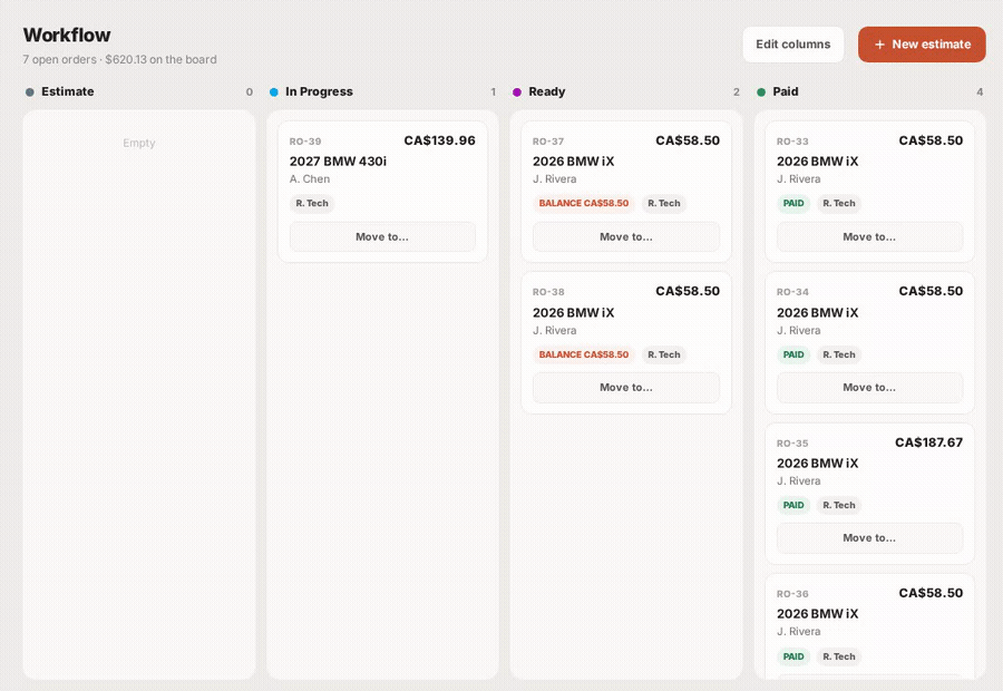 A real Shop work board with repair-order cards in Estimate, In Progress, Ready, and Paid columns, one card being dragged between columns