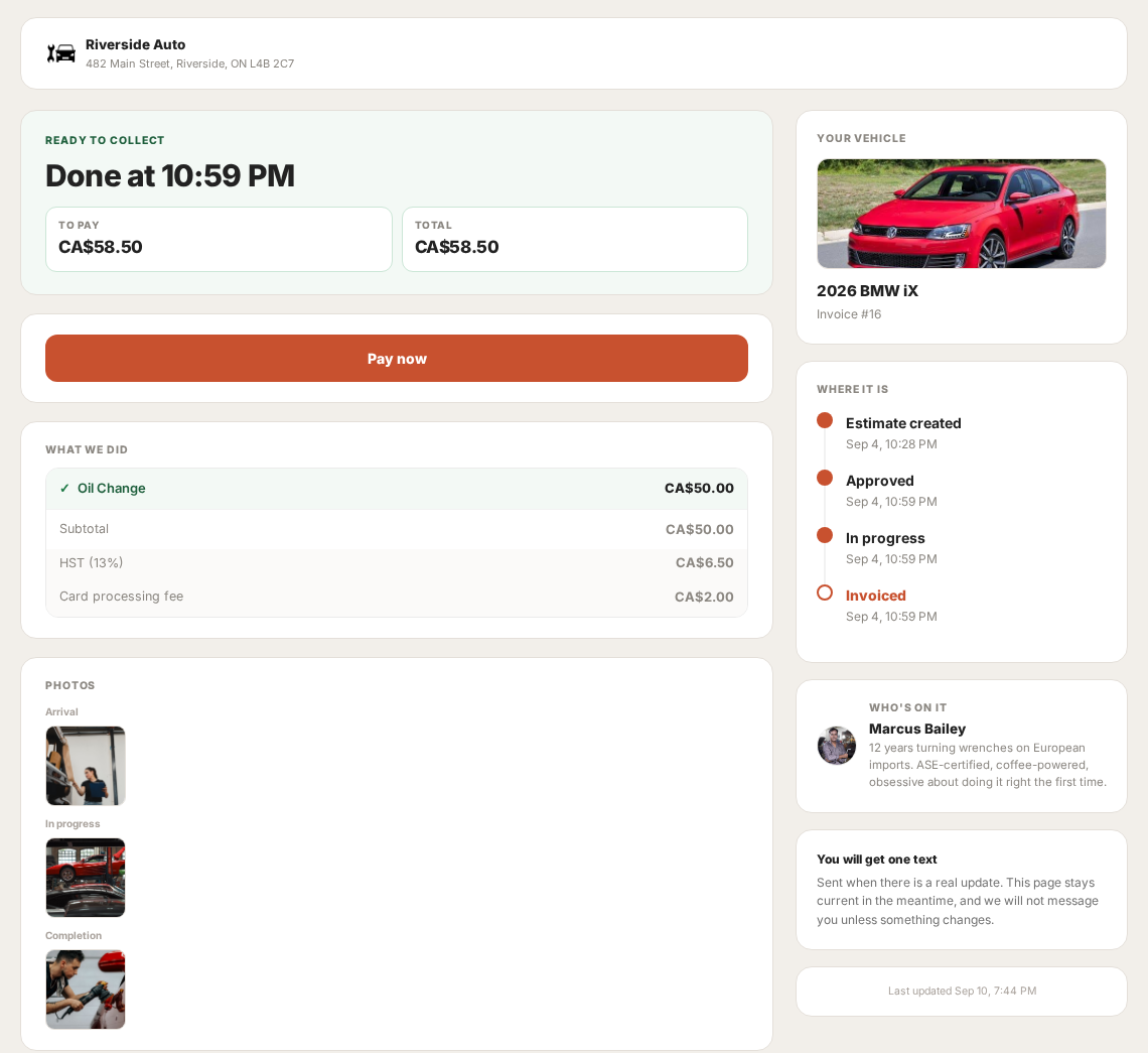 A real Shop customer tracking page showing Ready to Collect status, the assigned technician's photo and bio, the vehicle, a status timeline, and real photos from arrival, in progress, and completion